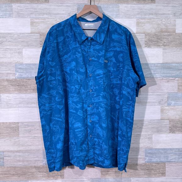 COLUMBIA PFG Trollers Best Short Sleeve Shirt Blue Print Fishing Boat Mens XXL - Picture 1 of 6